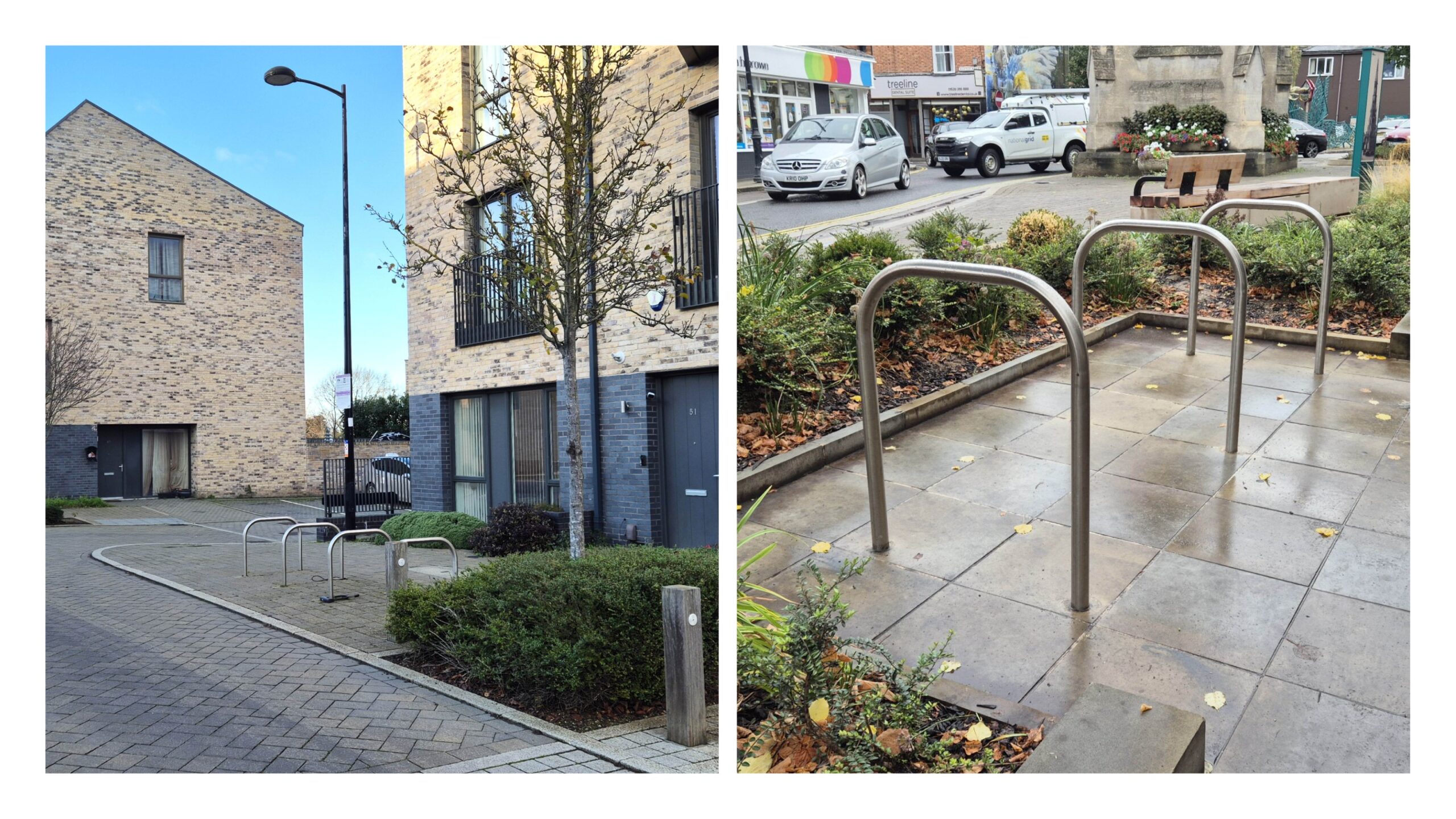 Well overlooked cycle parking integrated with planting. Barton Park, Oxfordshire and Sleaford. Note that these are standard 'Sheffield' style stands without the added crossbar that a 'Bilton' stand would include.