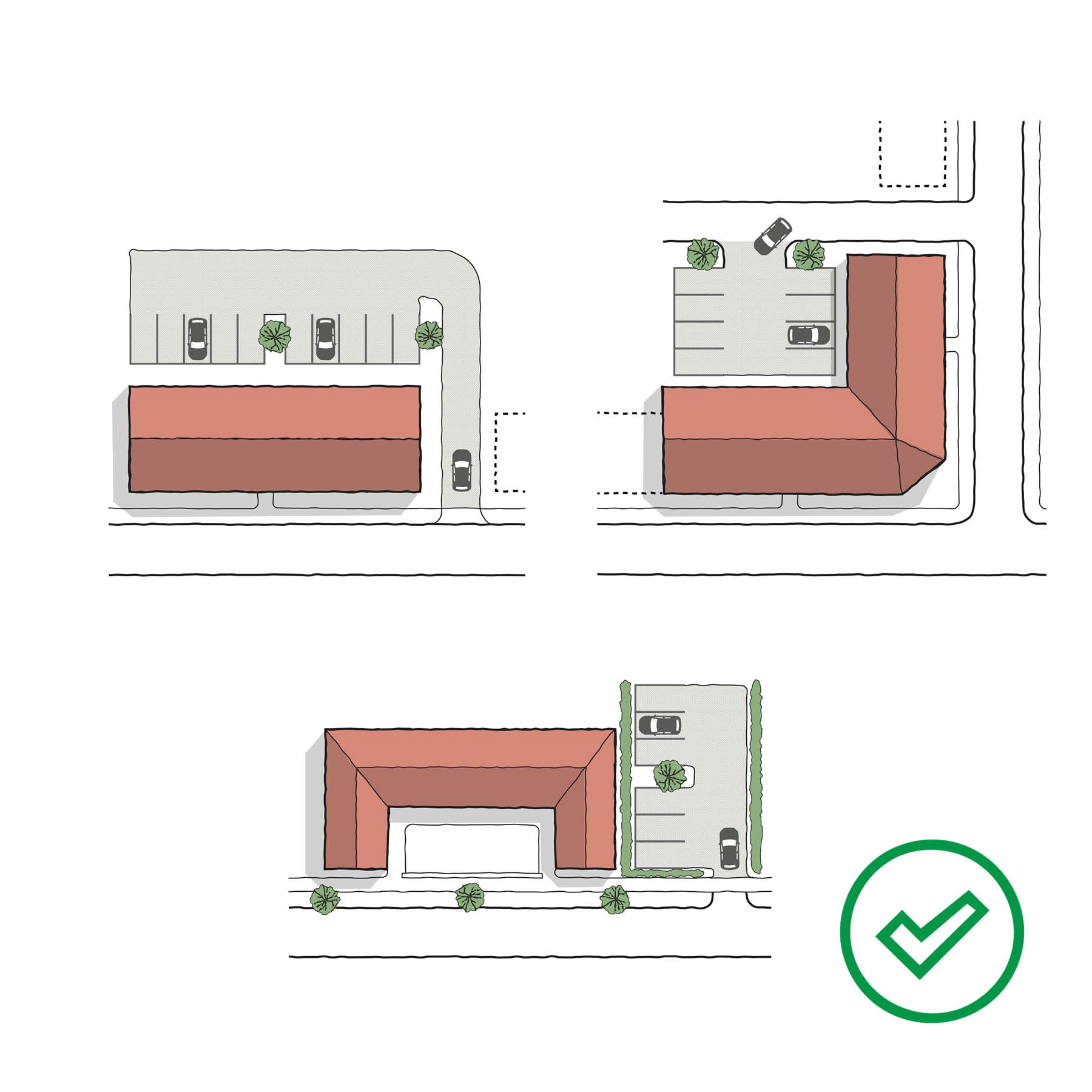 Appropriate parking arrangements for commercial or mixed-use developments.