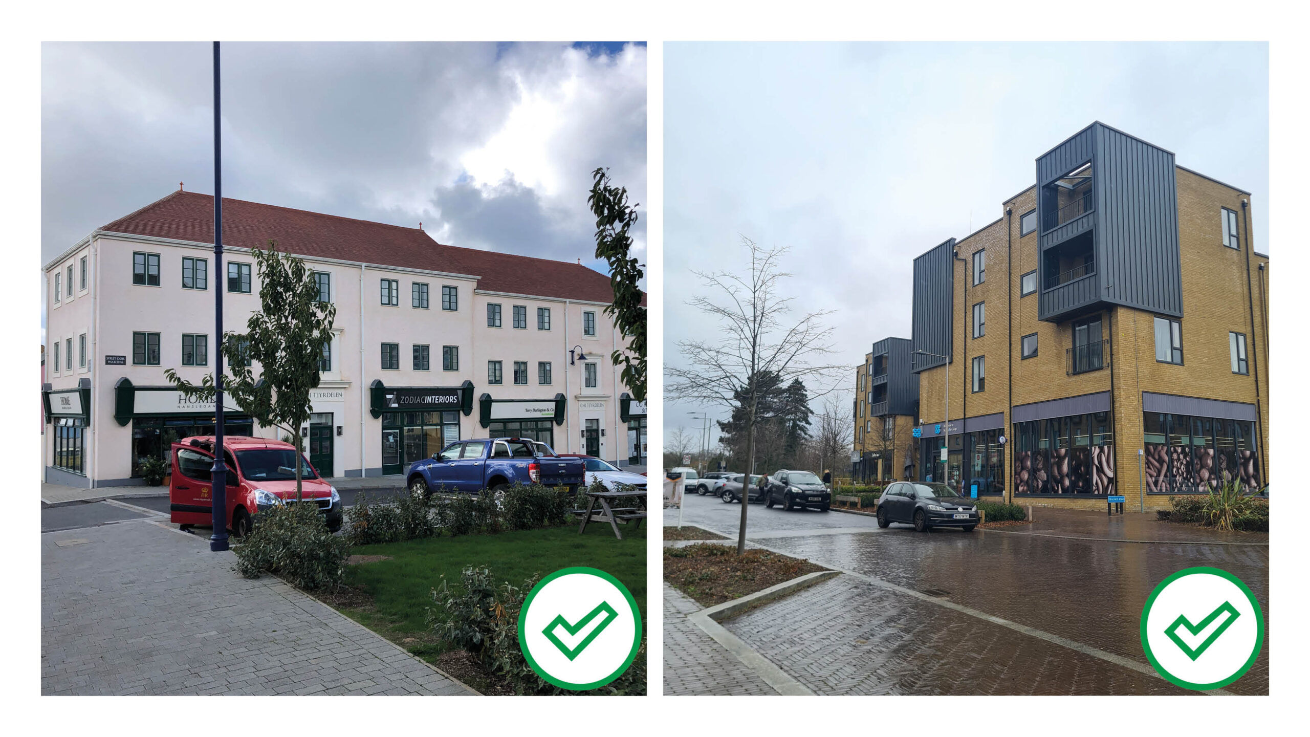 Good examples of commercial parking in Nansledan, Cornwall, and Newhall, Harlow. Both make use of on-street parking and rear courtyards to allow the shops to front the street directly.