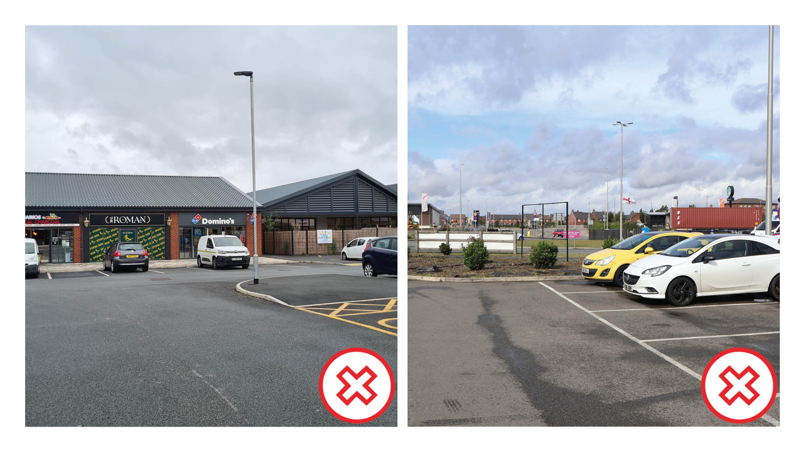 Bad examples of commercial parking. The photo on the left has shops set back from the street behind the car park, the one on the right is purely designed around car access, making it hard to walk or cycle.